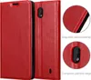 A red flip case for a mobile phone, shown open with close-up details of its construction and features. Podgląd zdjęcia produktu