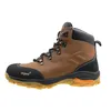 A side view of a brown leather work boot with black accents and an orange detail on the sole. Produktbild-Vorschau