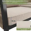 Close-up of a beige outdoor chair cushion with text overlays highlighting material quality and dimensions. Produktbild-Vorschau