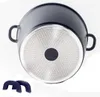 The underside of a black pot with a silver, textured base and black handles. Two dark blue handles are shown in the foreground. Anteprima dell’immagine prodotto