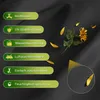 A dark fabric background with several green oval-shaped labels listing product features, and a single sunflower with petals scattered around it. Produktbild-Vorschau