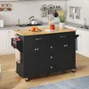 A black kitchen island with a wooden countertop is shown in a kitchen setting. Voir les images du produit