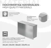 Marketing image showcasing a brushed stainless steel shower niche with text highlighting its features and available sizes. Náhled obrázku produktu
