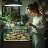 A woman is cleaning an aquarium with a water filter. Anteprima dell’immagine prodotto