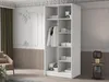 A white wardrobe with shelves and hanging clothes, set in a room with decorative wall molding and a chair. Náhled obrázku produktu