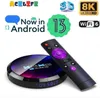 A smart TV box and remote control are displayed with various marketing graphics and text. Produktbild-Vorschau