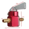 A red fuel shut-off valve with brass fittings and a silver lever, with dimensions indicated by red lines and text. Produktbild-Vorschau