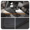 A close-up of a sewing machine stitching a leather product, with additional close-ups of the finished product. Produktbild-Vorschau