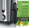 A close-up view of a silver and black juicer with instructional text and fruit illustrations on a green background. Náhľad obrázku produktu