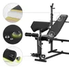 A black multi-functional training bench with various attachments and close-up diagrams highlighting its features. Produktbild-Vorschau