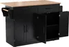A black kitchen island with a wooden top and open cabinets. Voir les images du produit