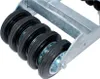 A close-up view of a set of five black wheels with silver metal hubs, mounted on a galvanized metal frame. Podgląd zdjęcia produktu