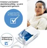 A woman is sitting and holding a nebulizer. There are marketing graphics on the left side of the image. Produktbild-Vorschau