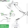 A white desk lamp with adjustable arms and dimensions indicated by text and graphics. Produktbild-Vorschau