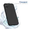 A black phone case is shown with water splashing around it, suggesting water resistance. Produktbild-Vorschau