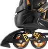 A close-up view of the wheels and frame of a black and orange inline skate. Podgląd zdjęcia produktu
