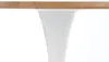 Close-up of the underside of a table, showing the connection between the wooden tabletop and the white pedestal base. Produktbild-Vorschau