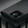 A close-up shot of a black leather iPhone case with red stitching, showing the camera cutout. Voir les images du produit