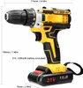 A cordless drill with a battery pack attached, shown from a side angle with measurement indicators. Produktbild-Vorschau