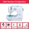 A white and blue mini sewing machine is shown against a white background, with smaller images of accessories below. Produktbild-Vorschau