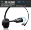 A close-up of a black wireless headset with a microphone boom, against a white background. Text overlays describe features. Produktbild-Vorschau