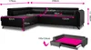 A diagram showing the dimensions of a black sectional sofa, with a smaller inset image showing the sofa converted into a bed. Produktbild-Vorschau