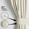 A close-up of a cream-colored velvet curtain with a tieback, with inset circles showing the tieback and the pleats of the curtain. Podgląd zdjęcia produktu