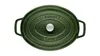 A top-down view of a green oval Staub cocotte on a white background. Náhled obrázku produktu