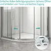 A close-up view of a shower door with arrows indicating movement, and a detailed inset of the roller mechanism. Produktbild-Vorschau