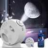 A white star projector with a moon projection, a remote control, and a smartphone displaying music are shown in a dimly lit room. Náhled obrázku produktu