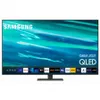 A Samsung QLED smart TV is displayed on a stand against a white background. The TV screen shows a vibrant abstract image with blue and green tones, and a row of app icons is visible at the bottom. Produktbild-Vorschau