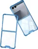 A blue transparent flip phone case is shown against a white background. Produktbild-Vorschau