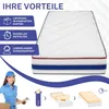 A mattress is shown with marketing text and illustrations of its benefits and setup process. Produktbild-Vorschau