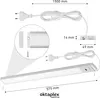 Diagrams and images showing dimensions and components of an LED under-cabinet light. Produktbild-Vorschau