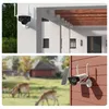 Collage of two images showing a security camera mounted on a wall and another camera with a solar panel in an outdoor setting with deer in the background. Produktbild-Vorschau