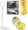 A collage of images showing a potato spiralizer tool, a potato being cut into spirals, and a skewer of spiralized potato chips. Anteprima dell’immagine prodotto