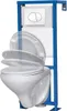 A wall-mounted toilet with a blue metal frame and a white cistern and toilet bowl. The toilet seat is shown in multiple positions to indicate its movement. Anteprima dell’immagine prodotto