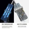 A split image showing a mop head. The left side shows a clean mop head with blue arrows indicating water flow and wringing action. The right side shows a dirty mop head with debris. Podgląd zdjęcia produktu