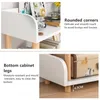 Close-up views of a white shelf unit with wooden legs, highlighting rounded corners and the height of the legs. Produktbild-Vorschau