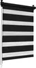A black and white striped roller blind is shown hanging against a white background.