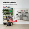 A split image showing a shelving unit with plants and storage bins on the left, and a workbench setup with tools and supplies on the right. A red arrow overlay points from the shelving unit to the workbench, with text indicating it can also be used as a wo Produktbild-Vorschau