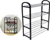 A black four-tier shoe rack with metal shelves, shown both empty and with shoes on it in a circular inset. Náhled obrázku produktu