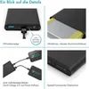 A collage of four close-up images showcasing the features of a black power bank. Produktbild-Vorschau