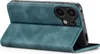 A teal flip case for a smartphone is shown from a diagonal angle, with the front cover open and folded back. Produktbild-Vorschau
