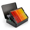 A set of colored pencils in a black metal box, with the lid open. Produktbild-Vorschau