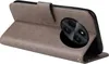 A gray flip phone case is shown open, revealing the inside and the phone's camera module. Produktbild-Vorschau