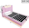 A pink upholstered bed frame with dimensions indicated by measurement lines and numbers. Produktbild-Vorschau