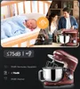 A collage showing a sleeping baby, a couple in a kitchen, and a stand mixer with feature callouts. Produktbild-Vorschau