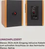 Rear view of two speakers, one showing connection terminals and the other showing input/output ports and power switch. Produktbild-Vorschau