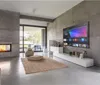 A modern living room with a concrete wall, fireplace, and a large TV. Produktbild-Vorschau